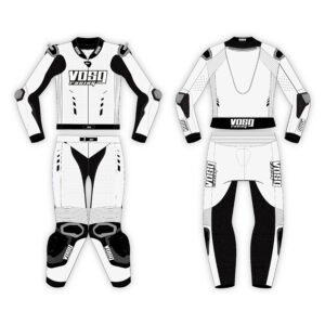 Combinaison moto 2 pièces Vosg Racing en cuir, avec protections homologuées, conçue pour allier confort, sécurité et style sur route ou piste.